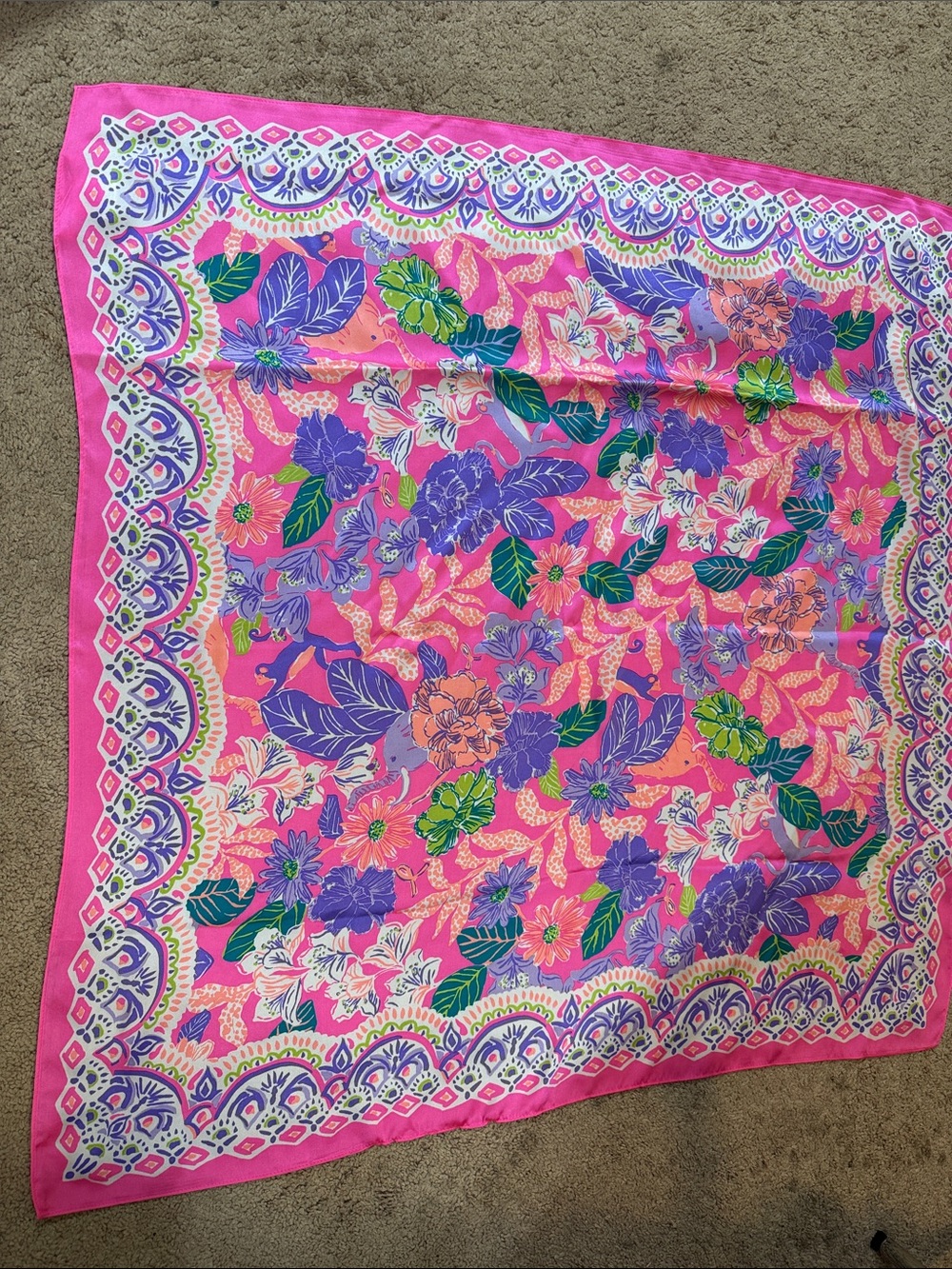 Lilly Pulitzer Floral Pink Green Purple Silk-Feel Scarf